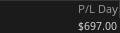 Thinkorswim Day 11 P&L Day screenshot showing +$697.00
