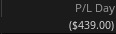 Thinkorswim Day 13 P&L Day screenshot showing a loss of $439.00