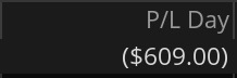 Thinkorswim Day 15 P&L Day screenshot showing a loss of $609.00