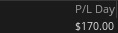 Thinkorswim Day 7 P&L Day screenshot showing +$170.00